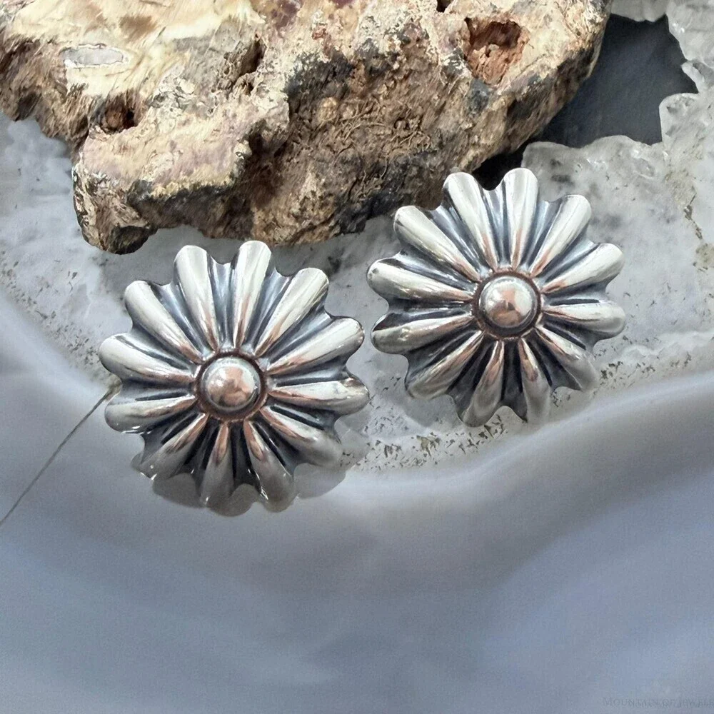 Native American Sterling Silver Large Floral Stud Earrings For Women